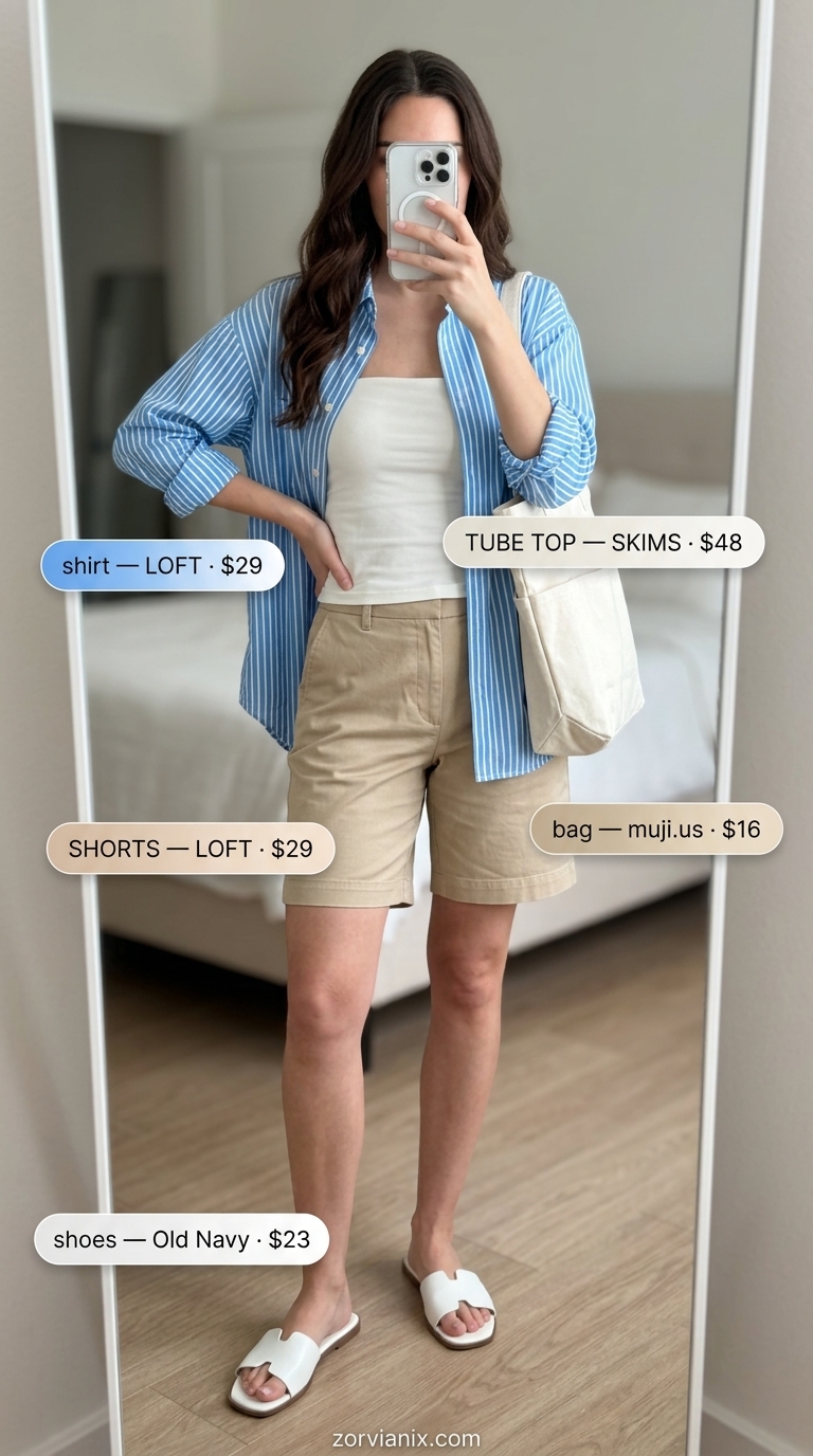 Summer tube top outfits for women 2026: White tube top with striped shirt and khaki shorts for getaways.
