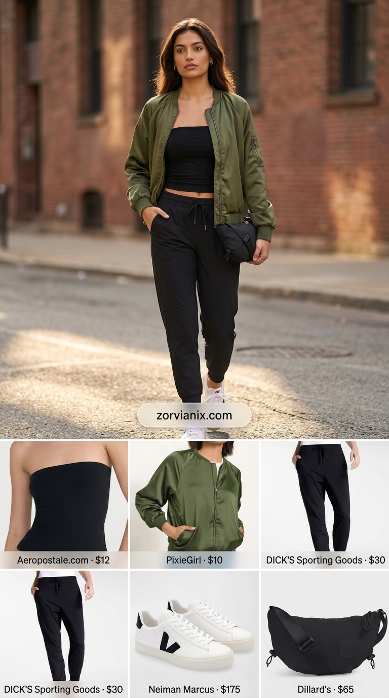 Athleisure outfit with olive bomber jacket, black tube top, joggers, and sneakers for women 2026.