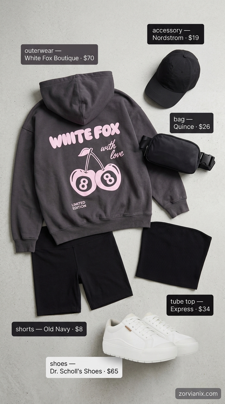 Athleisure cool girl outfit with black tube top, biker shorts, oversized hoodie, and sneakers for women 2026.