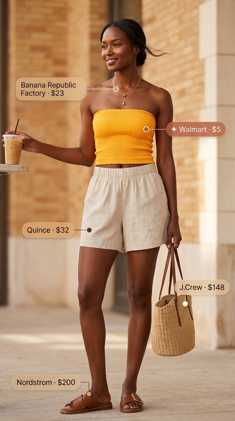Sunset beach bound outfit with orange tube top, linen shorts, flat sandals, and straw tote for women 2026.