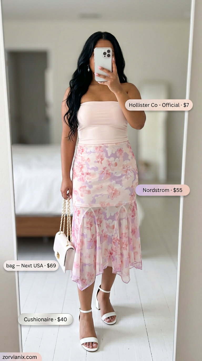 Blush pink tube top with a pastel floral midi skirt, block heels, and pearl earrings for summer tube top outfits for women 2026.