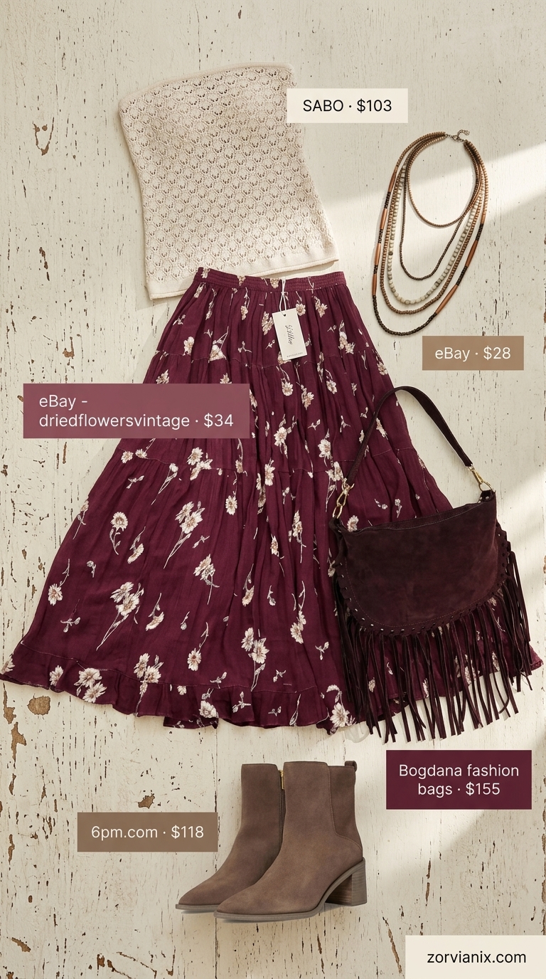 Boho crochet tube top with a floral maxi skirt, suede boots, and fringe bag for summer tube top outfits for women 2026.