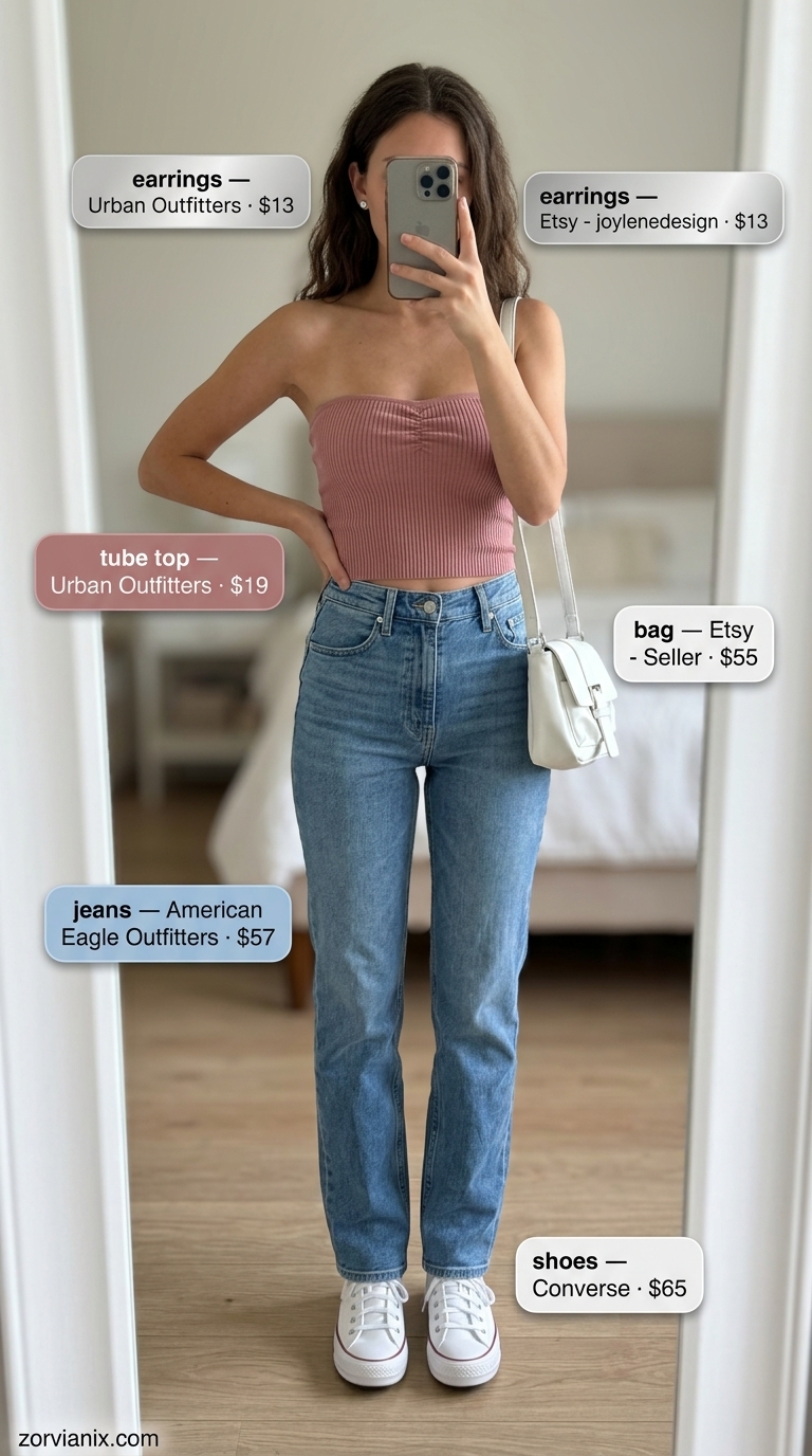 Sweet casual brunch outfit with pastel pink tube top, high-waisted jeans, and white sneakers for women 2026.