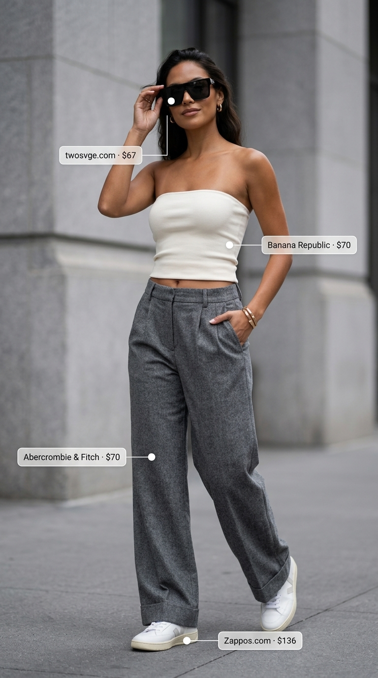 Chic city explorer outfit with cream tube top, wide-leg trousers, and fashion sneakers for women 2026.