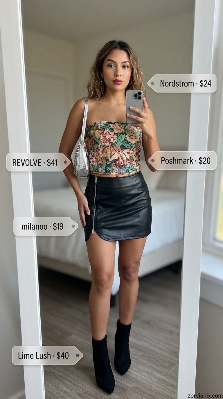 Summer date night outfit with floral smocked tube top, faux leather skirt, and heeled boots for women 2026.