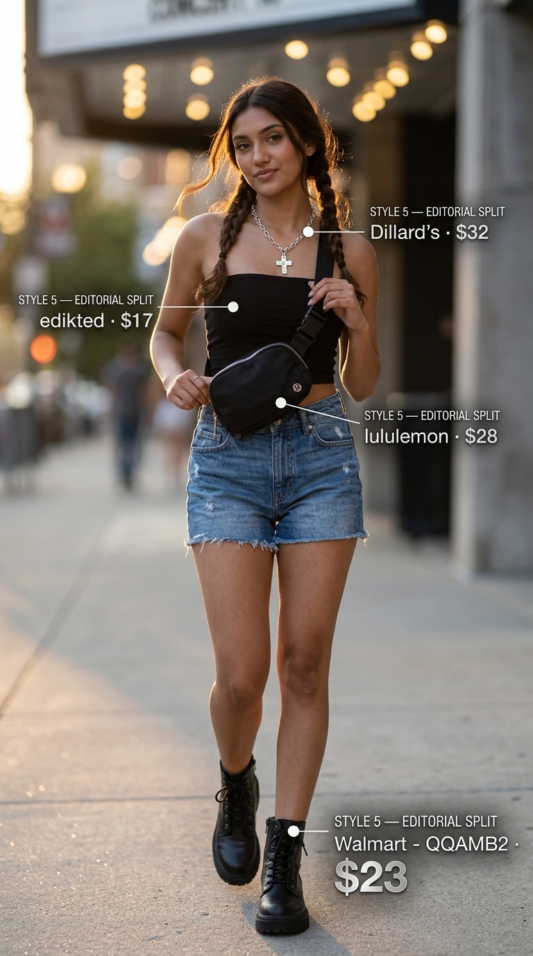 Edgy festival outfit with black tube top, distressed denim shorts, sheer mesh top, and combat boots for women 2026.