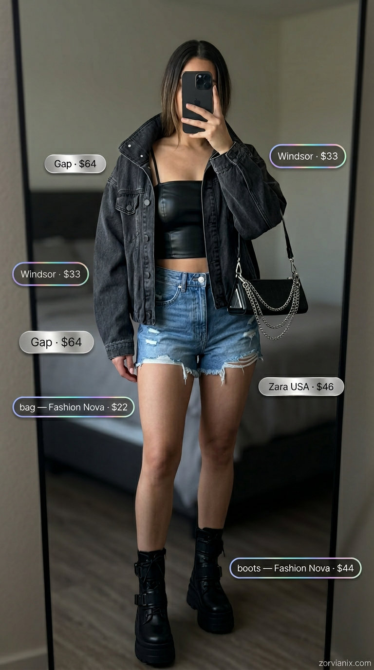 Edgy night out outfit with faux leather tube top, distressed denim shorts, oversized denim jacket, and combat boots 2026.