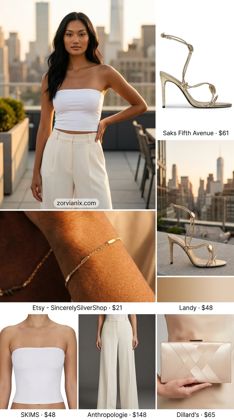 White fitted tube top with beige palazzo pants, gold jewelry, and a clutch for summer tube top outfits for women 2026.
