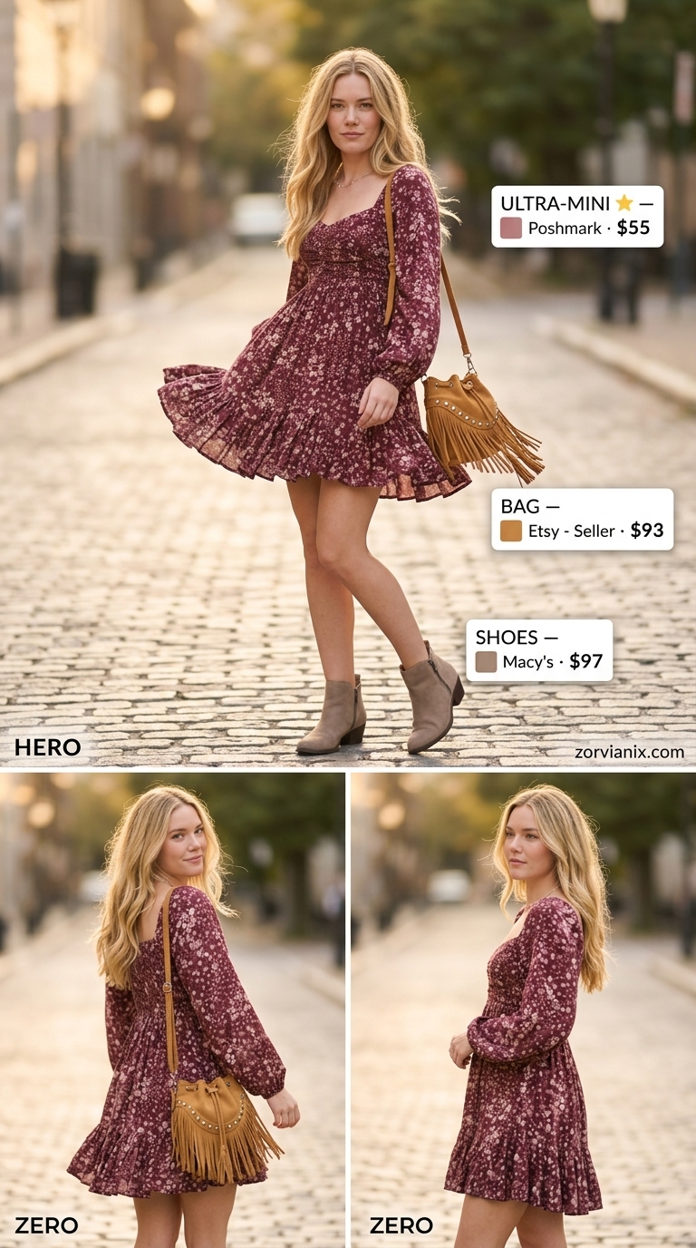 Boho Chic Mini Dress: Burgundy floral ultra-mini dress, tan suede boots, and layered necklaces.
