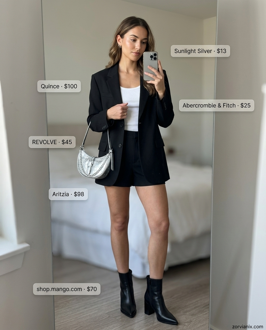 Black ultra-mini shorts, white tank, blazer, ankle boots for urban summer ultra-mini outfits 2026.