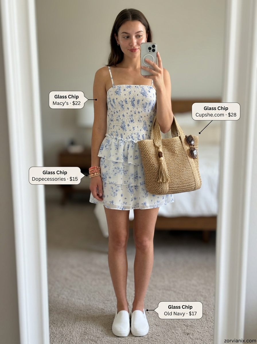 Coastal Breeze Sundress: Pastel blue floral ultra-mini dress, straw tote, and white sneakers for summer.