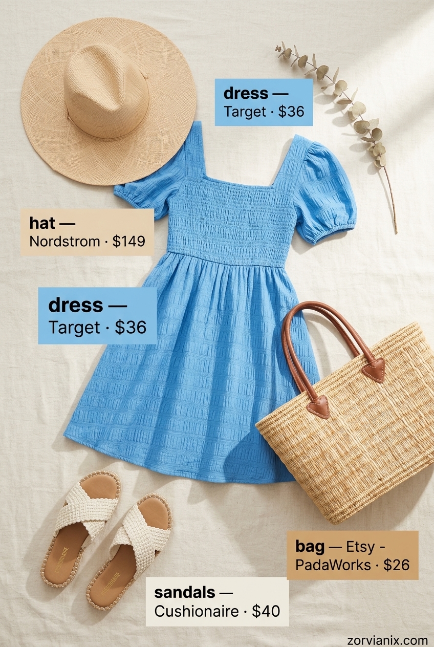 Sky blue ultra-mini dress, straw hat, espadrilles for coastal summer ultra-mini outfits 2026.