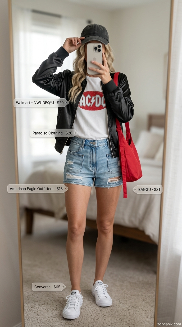 Cool summer ultra-mini outfits for women 2026: Distressed denim shorts, band tee, bomber jacket, red belt bag.