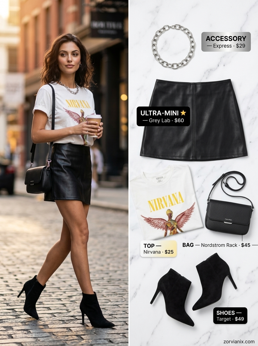 Edgy Leather Mini: Black faux leather ultra-mini skirt, graphic tee, and heeled ankle boots.