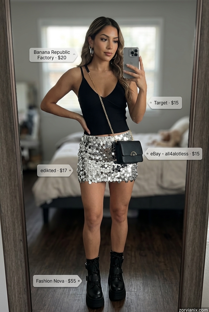 Glamorous summer ultra-mini outfits for women 2026: Sequin skirt, black crop top, combat boots, silver hoops.