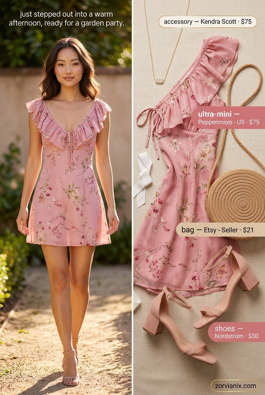 Romantic summer ultra-mini outfits for women 2026: Floral puff sleeve dress, straw bag, block heels.