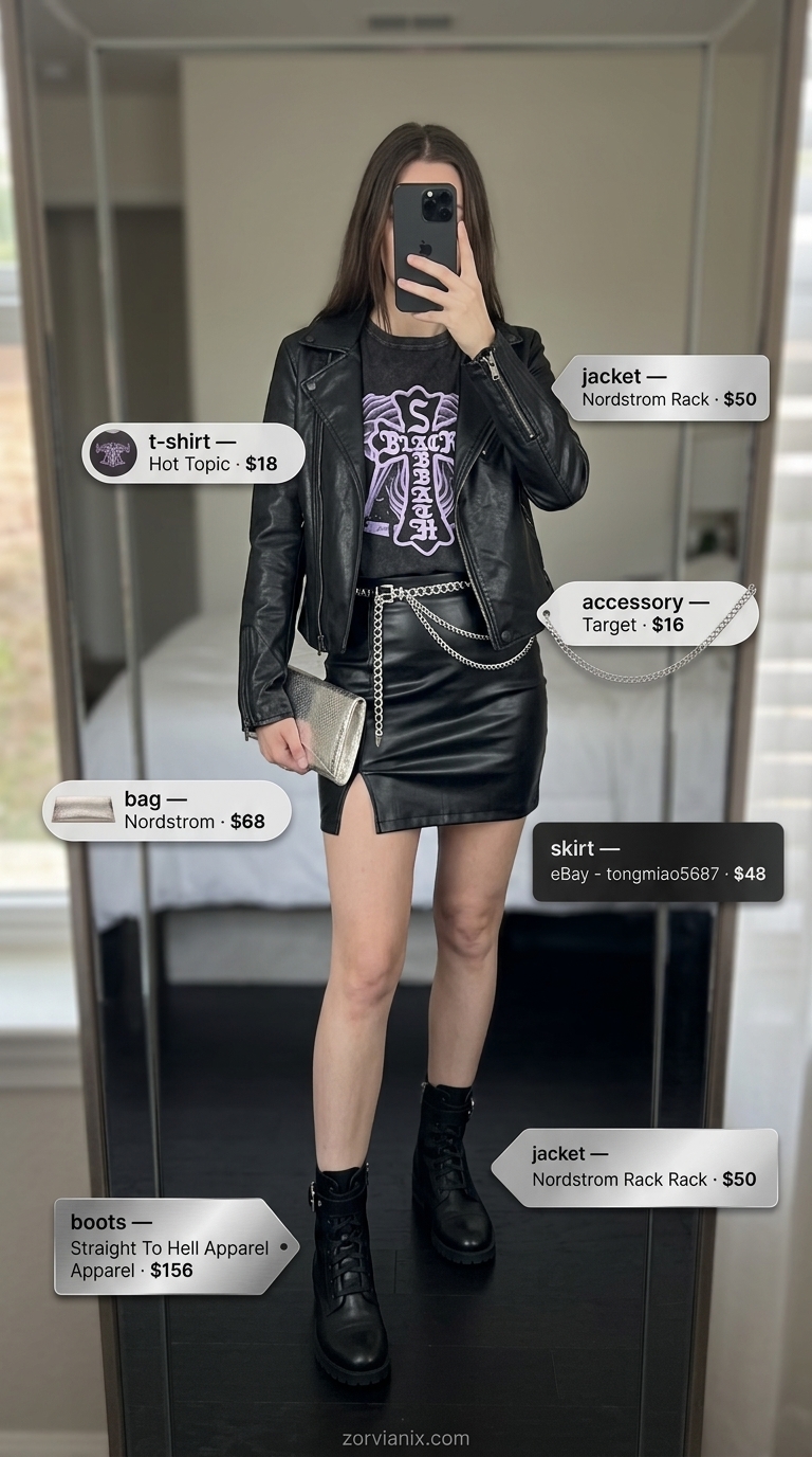 Glam Rock Mini: Black faux leather ultra-mini skirt, band tee, moto jacket, and combat boots.