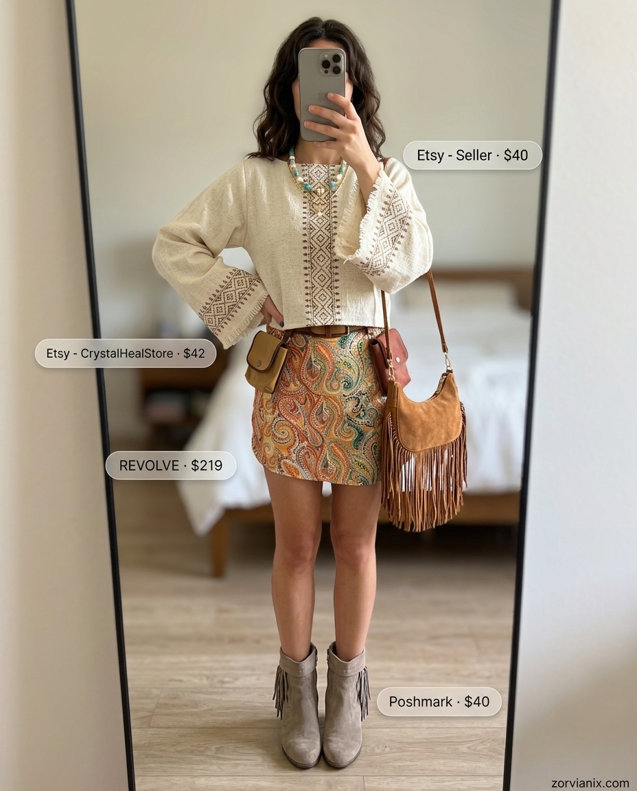 Bohemian summer ultra-mini outfits for women 2026: Paisley skirt, peasant blouse, suede boots.
