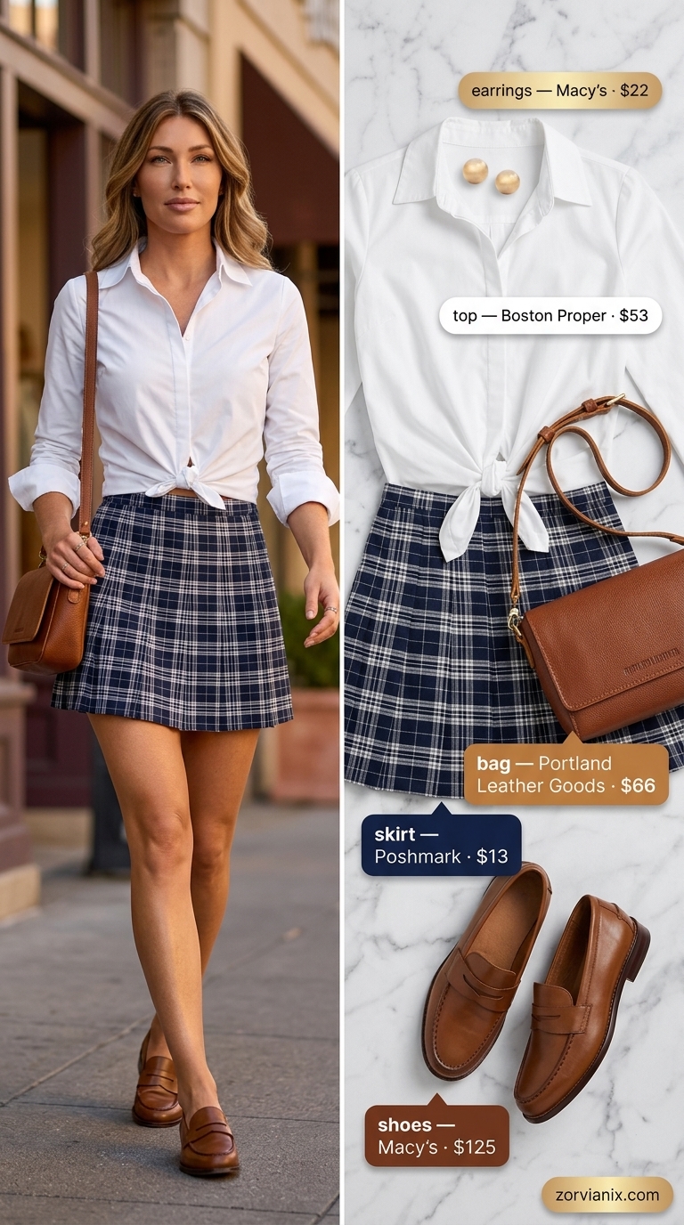 Preppy summer ultra-mini outfits for women 2026: Plaid skirt, white button-down, penny loafers.