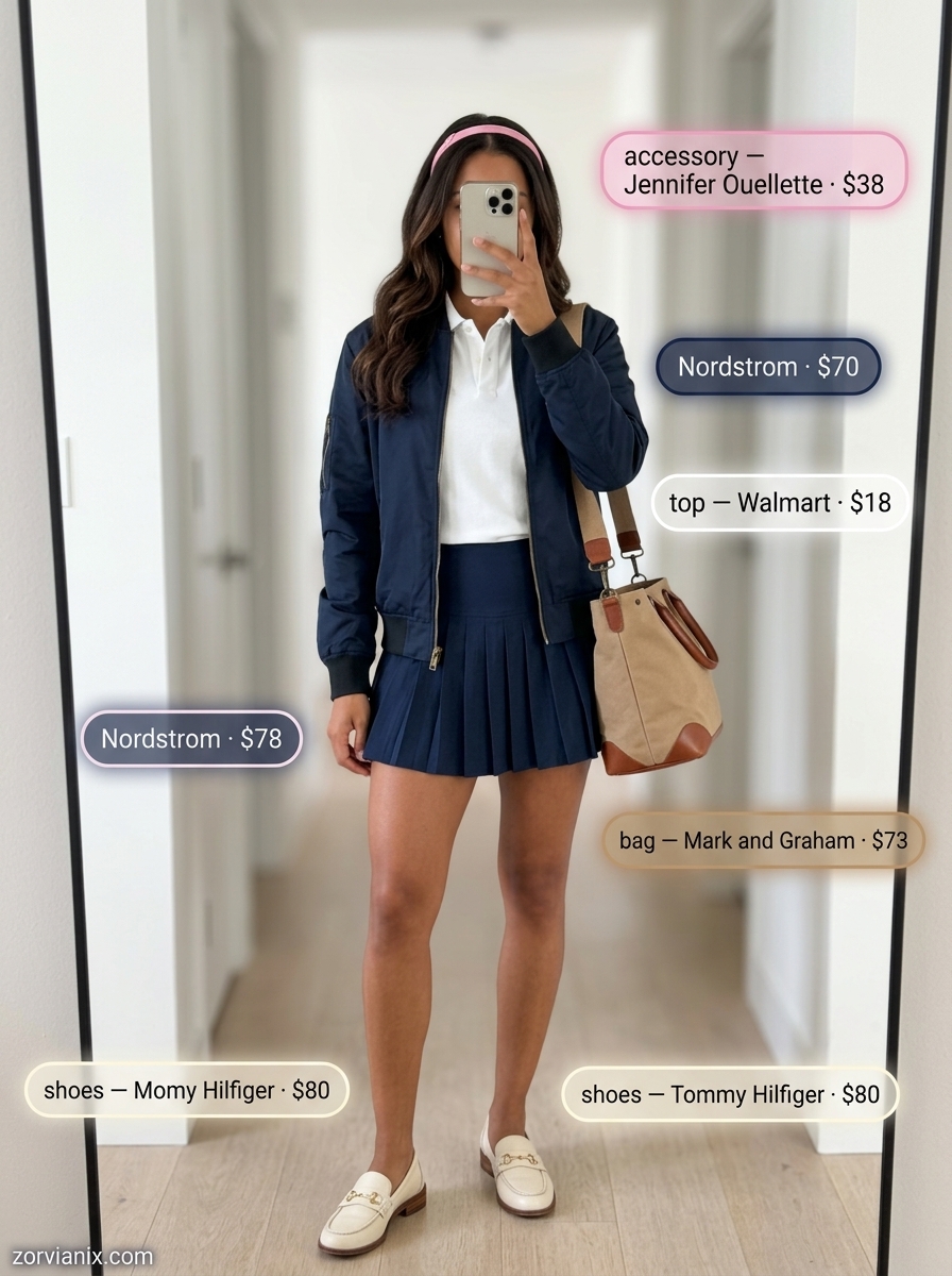 Preppy Perfection: Navy tennis ultra-mini skirt, white polo, and navy bomber jacket.