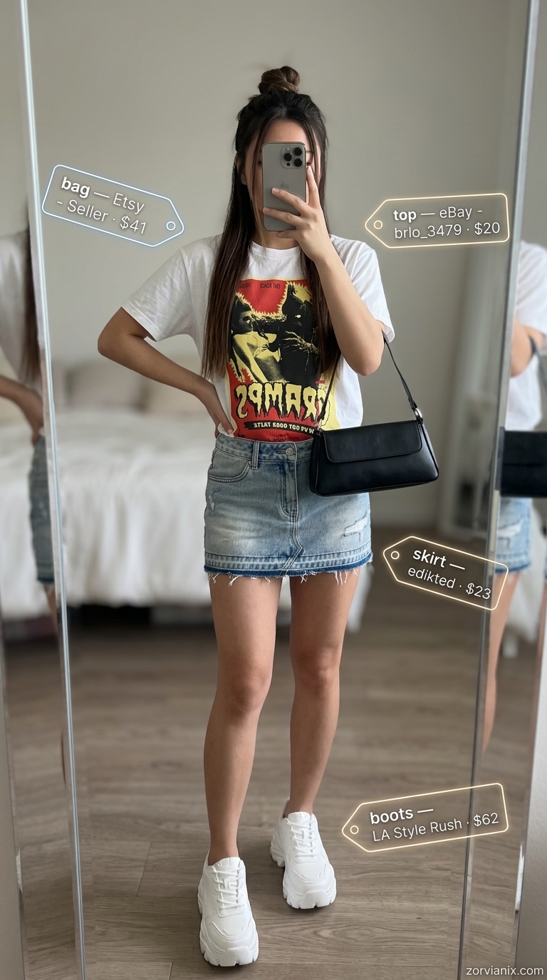 Retro summer ultra-mini outfits for women 2026: Distressed denim A-line skirt, graphic tee, platform sneakers.