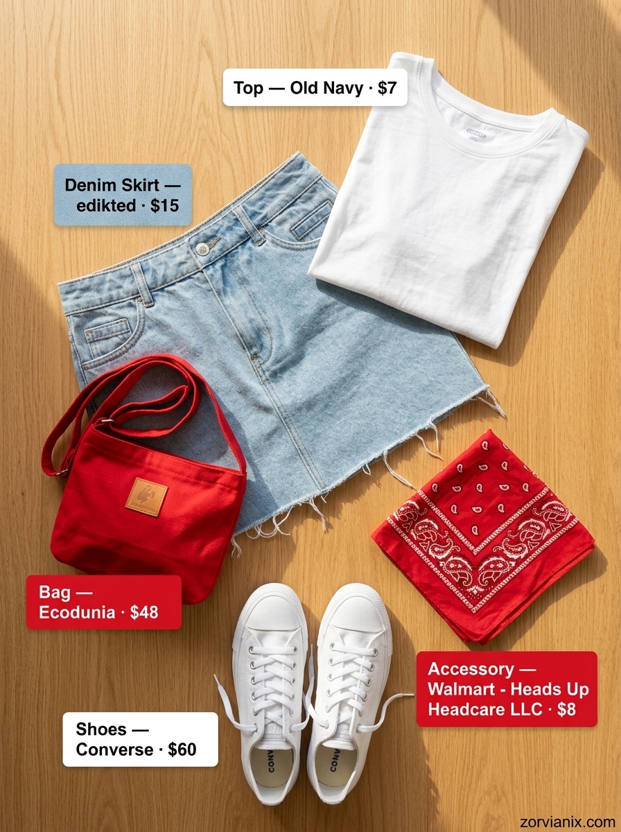 Retro Denim Mini: Light wash denim ultra-mini skirt, white tee, red bandana, and canvas sneakers.