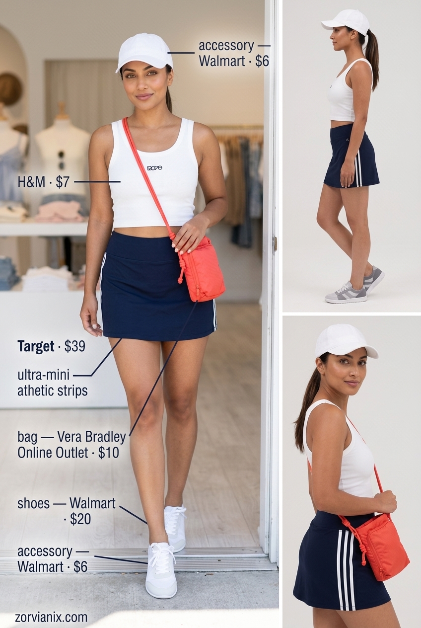 Sporty Chic Mini Skirt: Navy athletic ultra-mini skirt, coral crossbody bag, and white baseball cap.