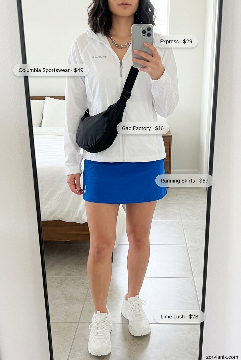 Electric blue athletic ultra-mini skirt set, dad sneakers, windbreaker for summer ultra-mini outfits 2026.