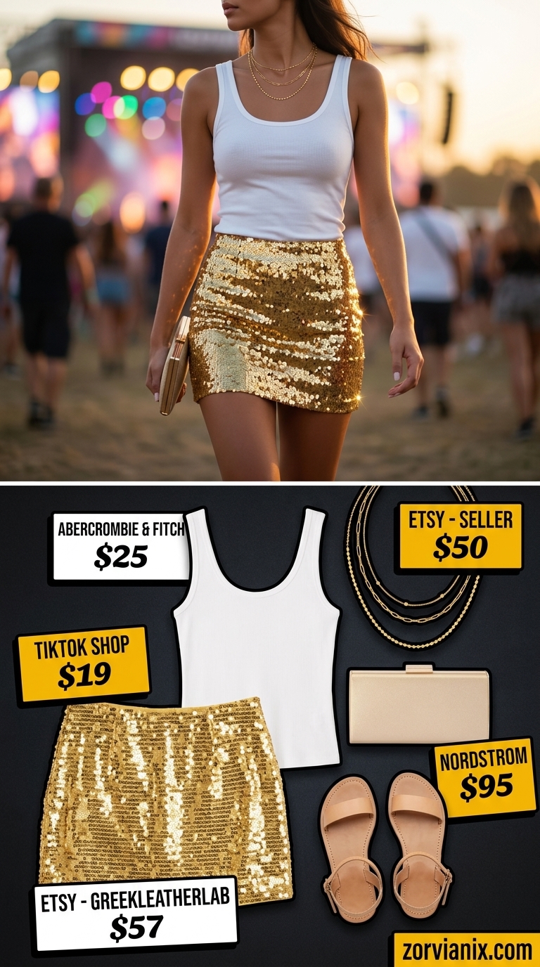 Sunset Glow Mini Skirt: Gold sequin ultra-mini skirt, white tank top, and strappy sandals.
