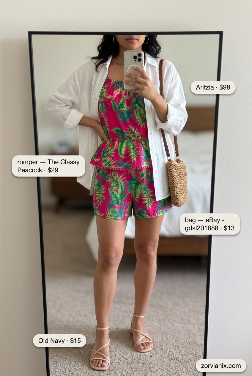 Fuchsia & green tropical romper, white linen shirt, straw bag for summer ultra-mini outfits 2026.