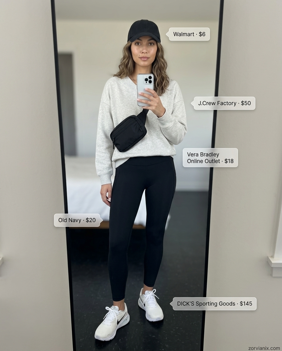 Heather grey V-neck sweatshirt, black leggings & sneakers for sporty summer v-neck outfits women 2026.