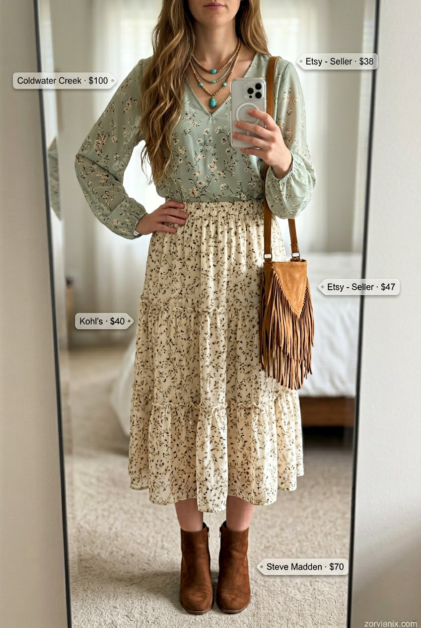 Boho muted floral V-neck peasant blouse with midi skirt for summer v-neck outfits women 2026 festival.