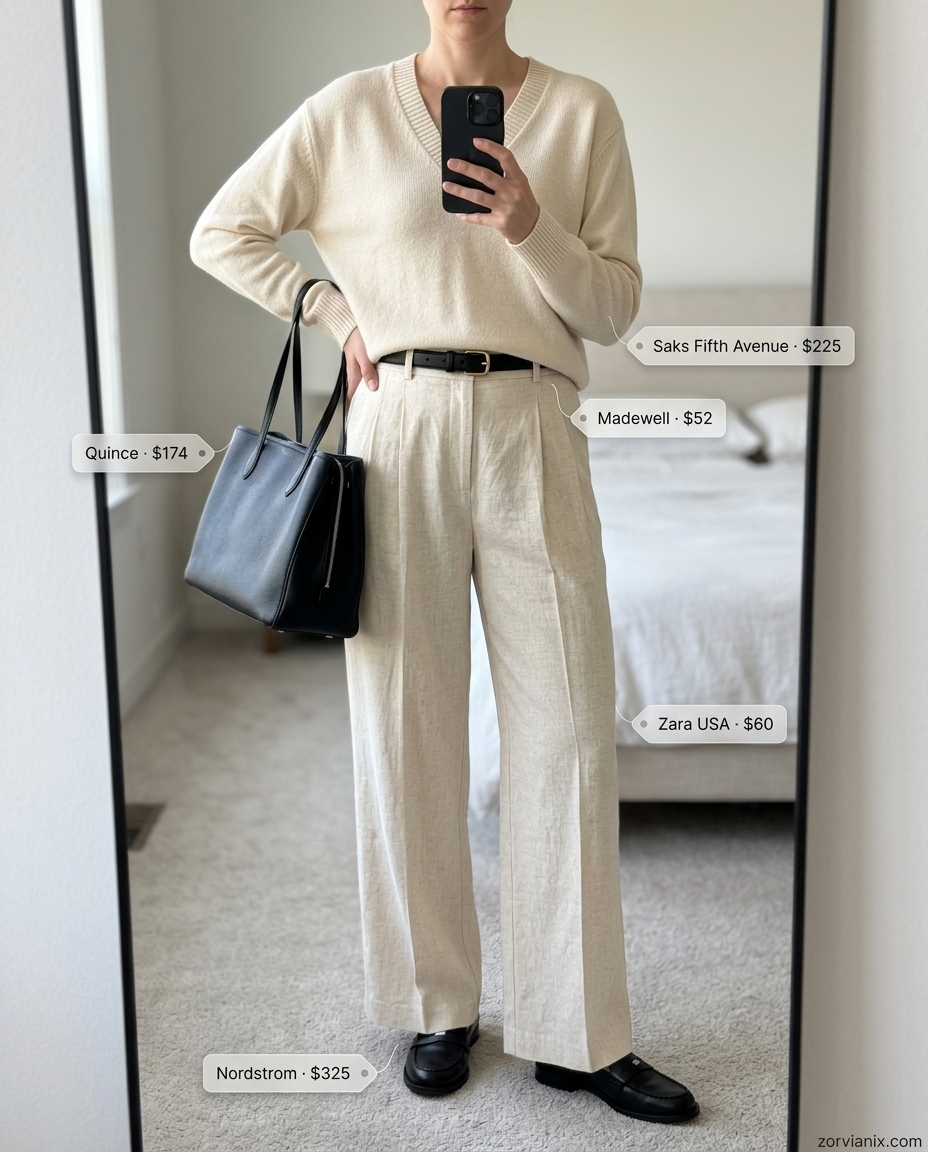 Chic summer v-neck outfits women 2026: Cream knit sweater with beige linen trousers for business casual.