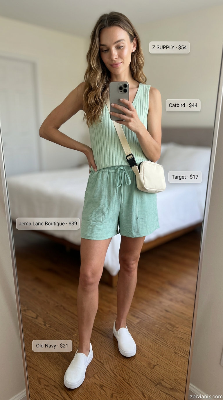 Comfortable mint green V-neck tank top with matching shorts for summer v-neck outfits women 2026 casual.