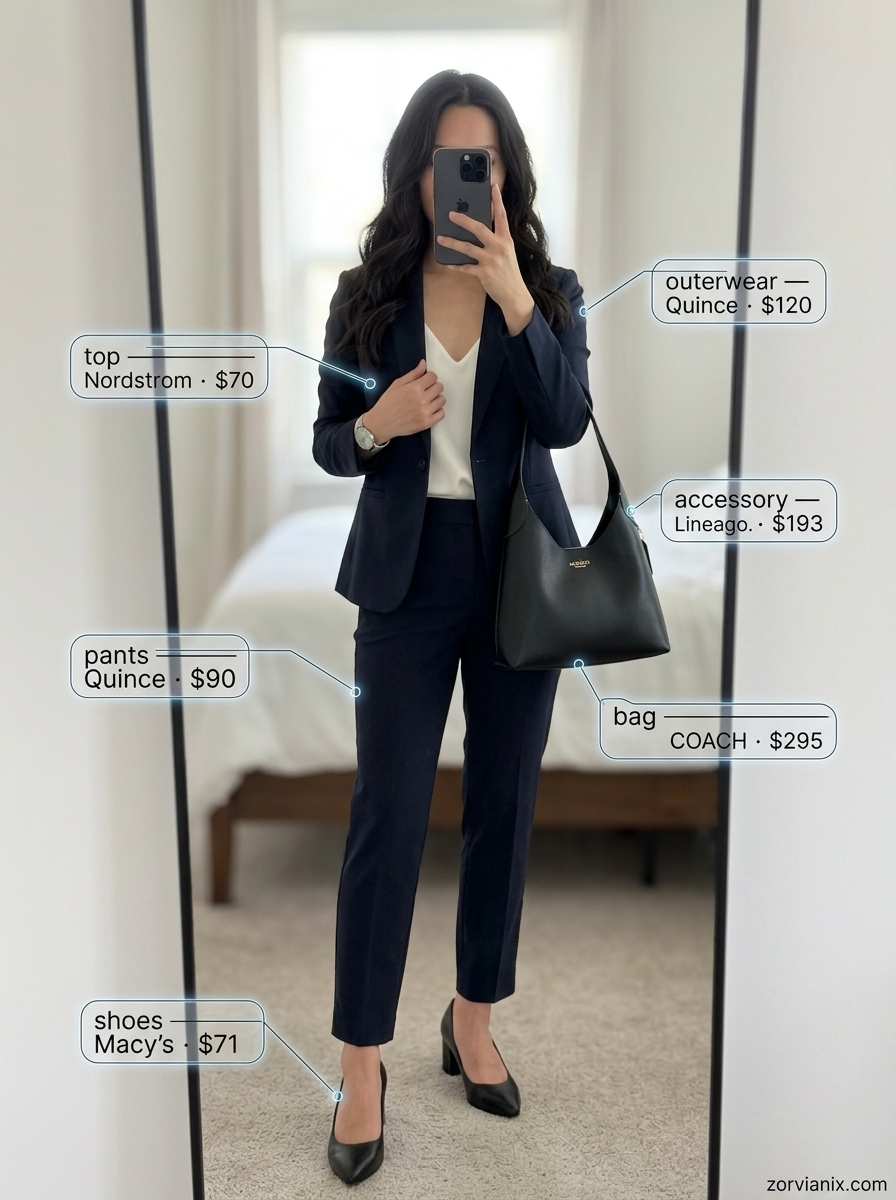 Professional navy blazer with ivory V-neck top for summer v-neck outfits women 2026 office.