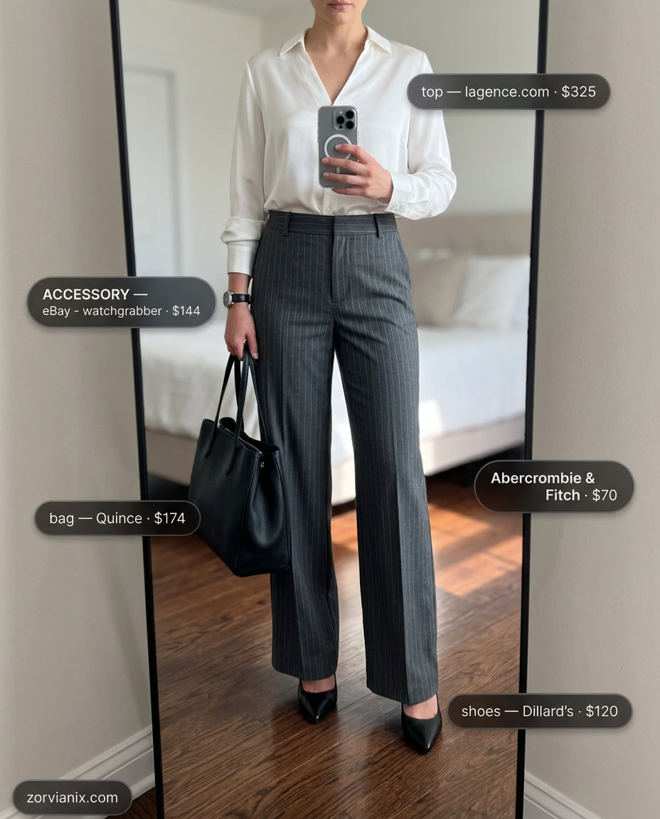 Sophisticated cream V-neck silk blouse with charcoal trousers for summer v-neck outfits women 2026 office.