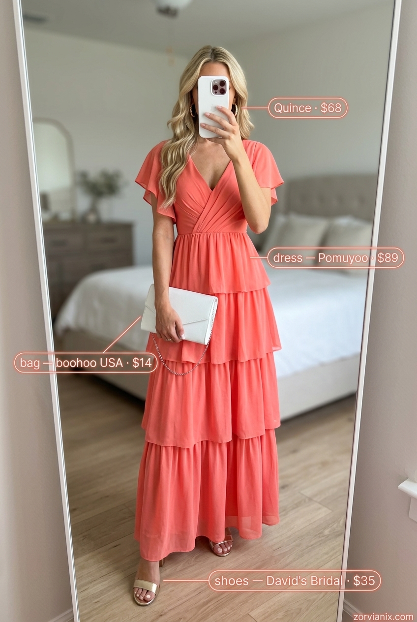 Coral V-neck maxi dress, gold earrings & sandals for summer v-neck outfits women 2026 evening events.