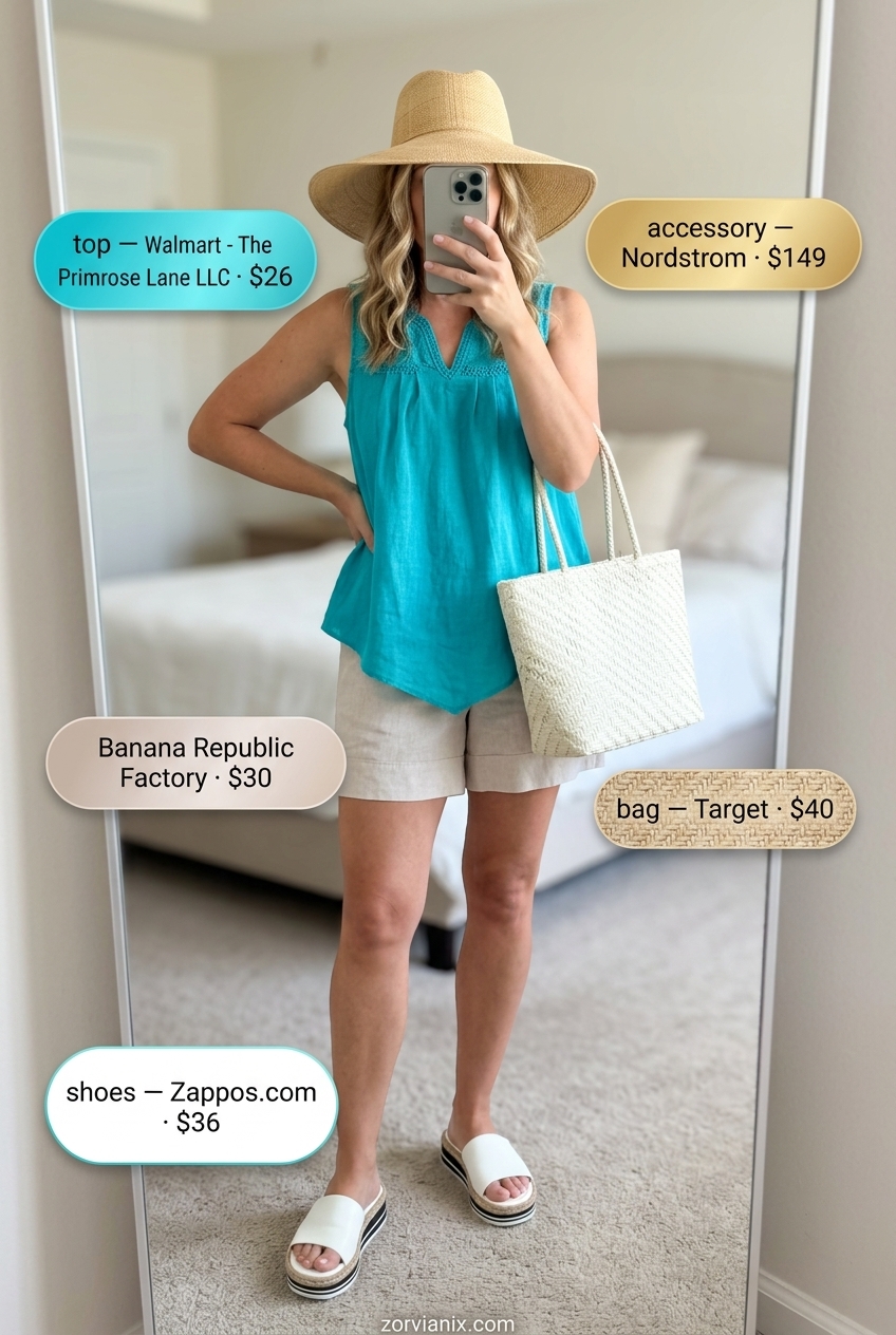 Turquoise crochet V-neck top, linen shorts & straw hat for vacation summer v-neck outfits women 2026.