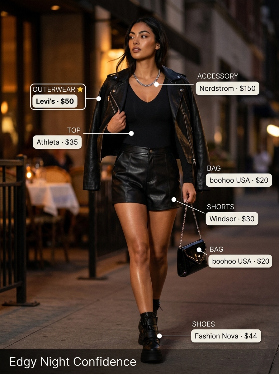 Black V-neck bodysuit, faux leather shorts & moto jacket for edgy summer v-neck outfits women 2026.