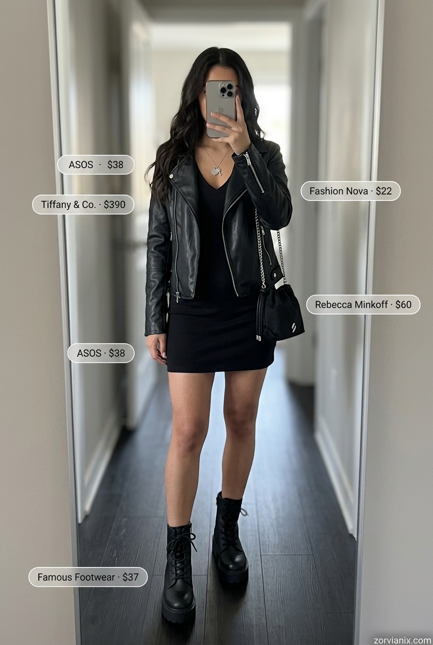 Edgy summer v-neck outfits women 2026: Black t-shirt dress with moto jacket and combat boots.