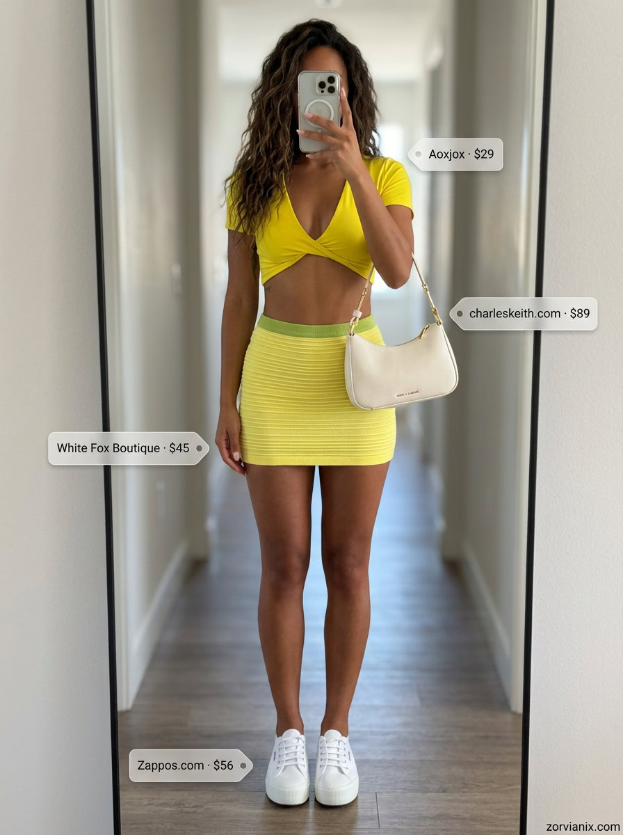 Fun summer v-neck outfits women 2026: Bright yellow knit top and matching mini skirt for festivals.