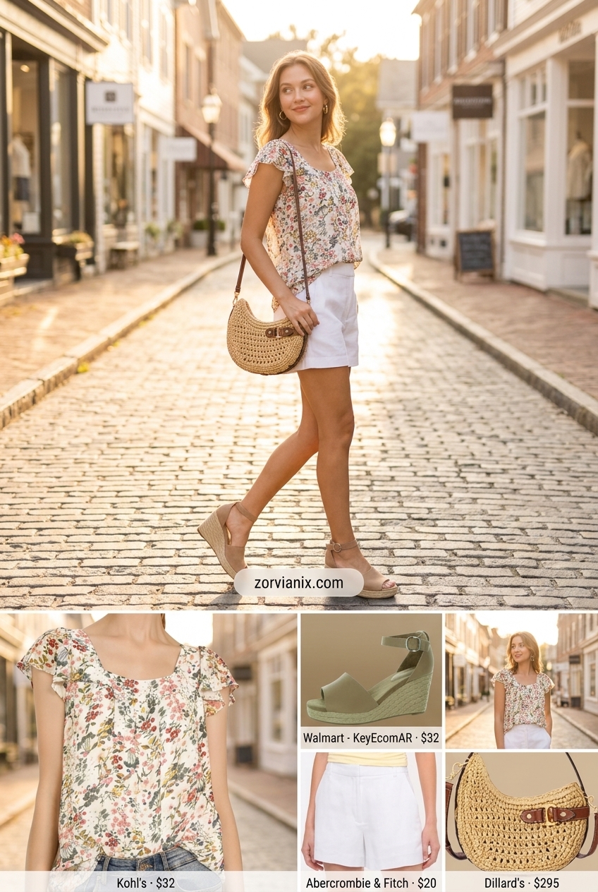 Fresh summer v-neck outfits women 2026: Floral blouse with white shorts and espadrilles.