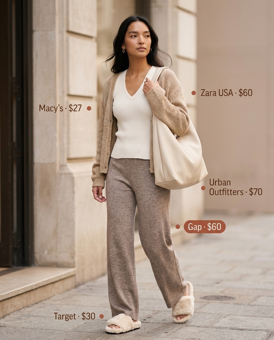 Cream V-neck knit set with beige slippers for relaxed summer v-neck outfits women 2026 loungewear.