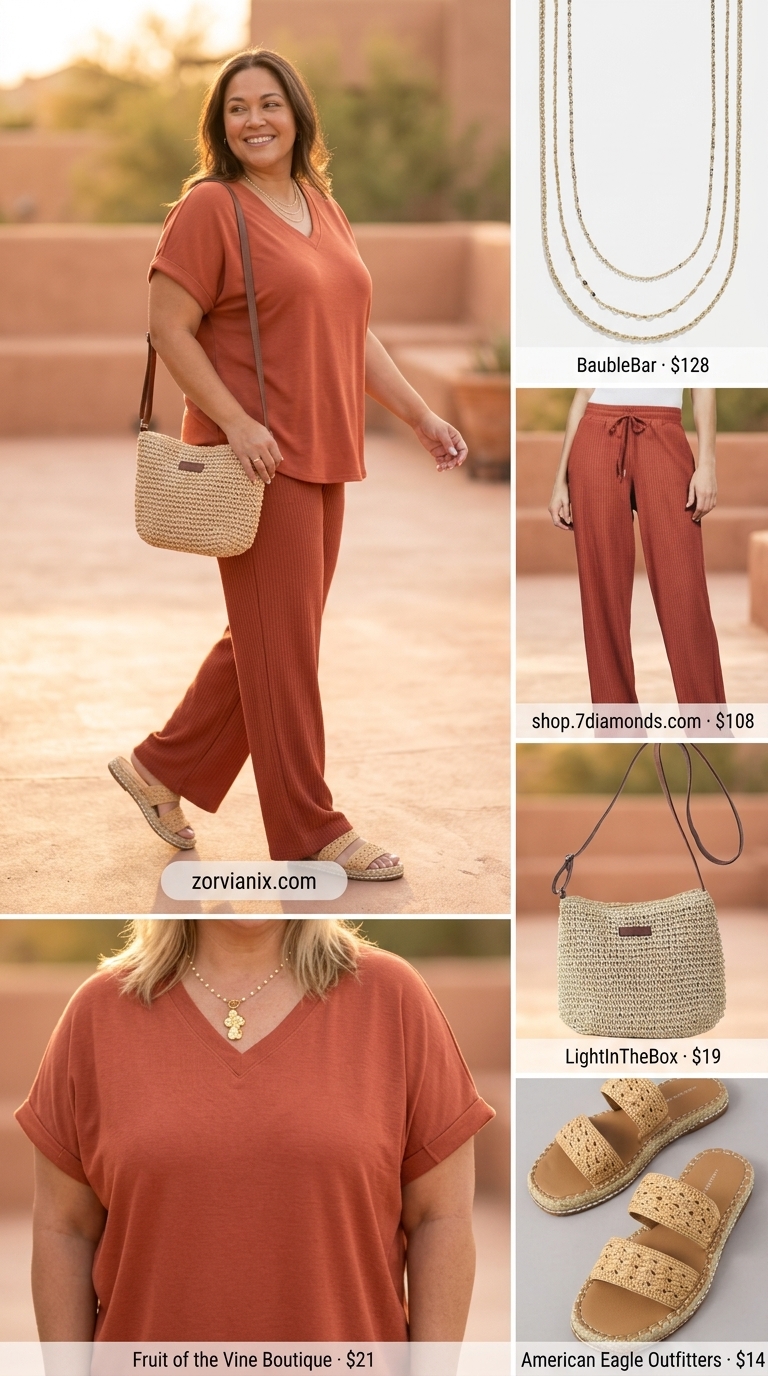 Terracotta V-neck knit top & pants set with espadrilles for chic summer v-neck outfits women 2026 travel.