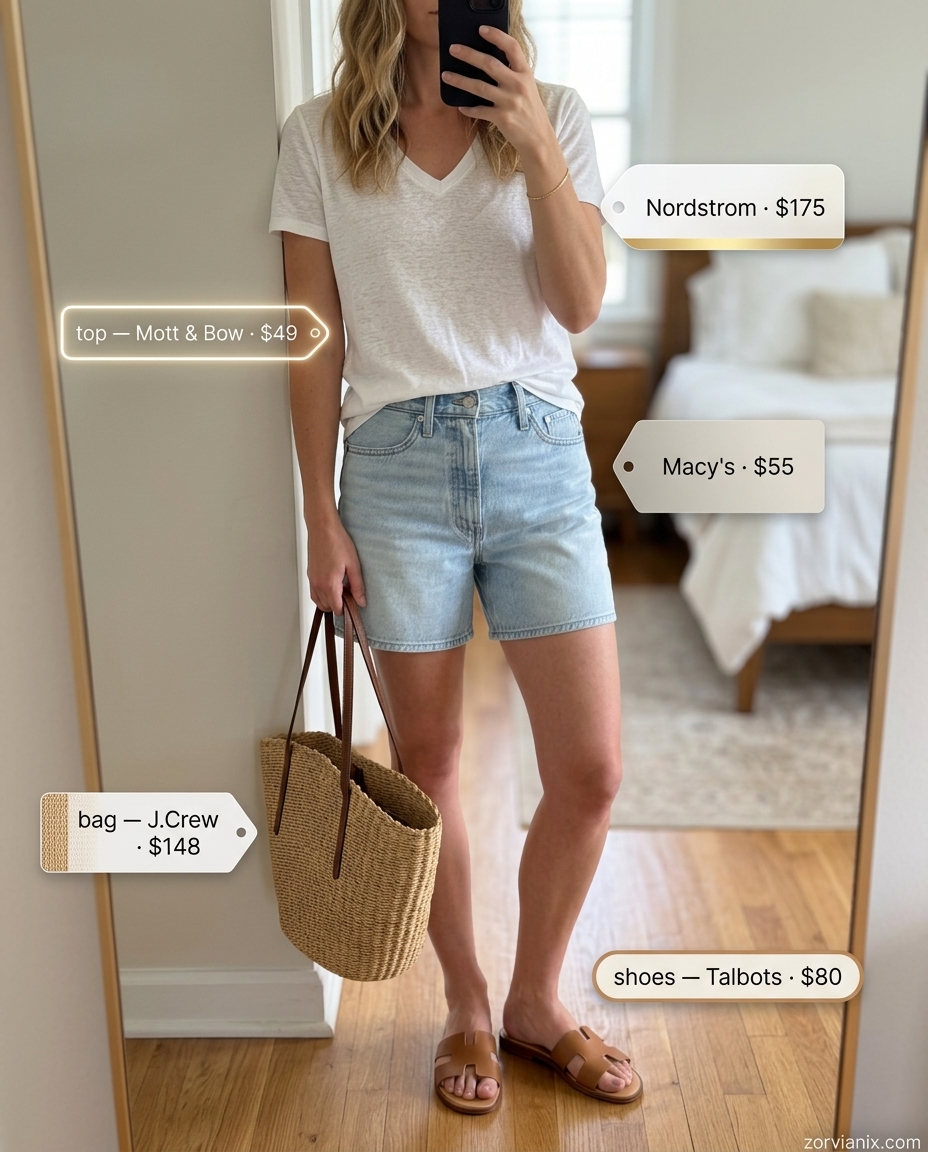 White V-neck linen tee, denim shorts & tan sandals for relaxed summer v-neck outfits women 2026.