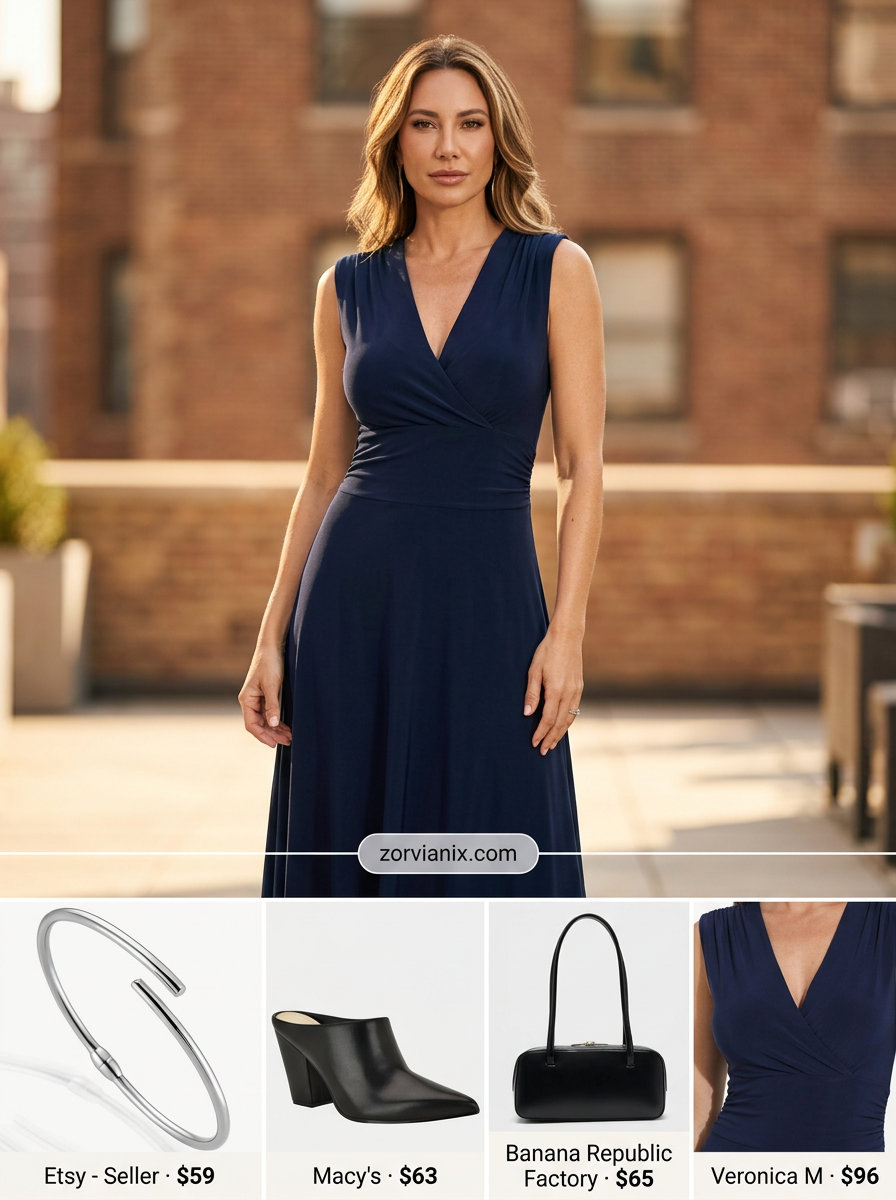 Sophisticated summer v-neck outfits women 2026: Navy sheath dress with block heels for office casual.