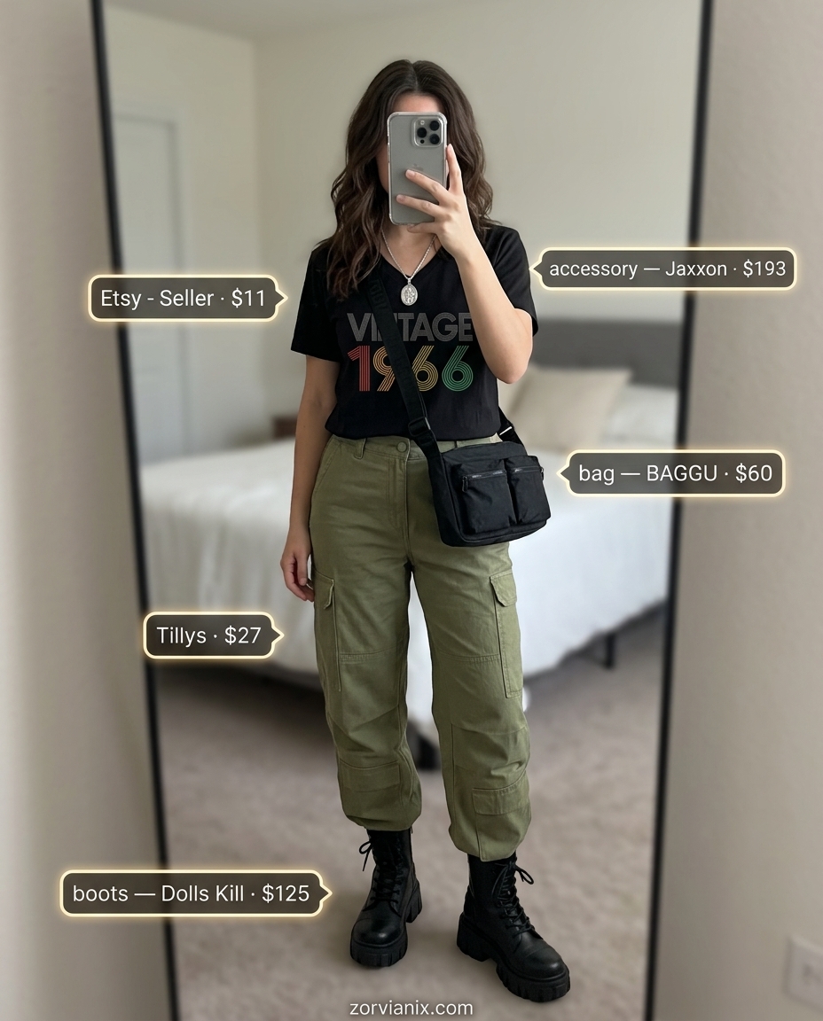 Cool summer v-neck outfits women 2026: Olive cargo pants with graphic tee and combat boots.