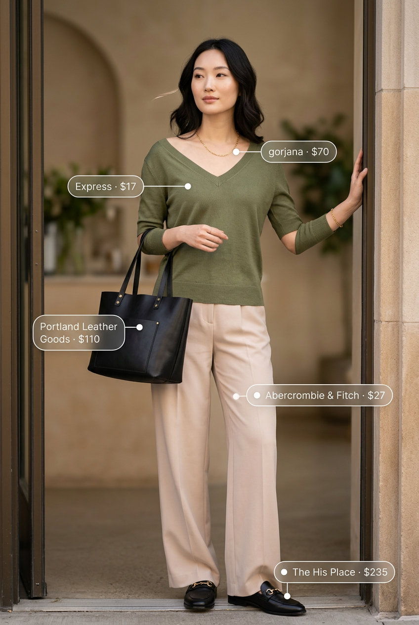 Chic olive green V-neck knit top with beige wide-leg trousers for summer v-neck outfits women 2026 city.