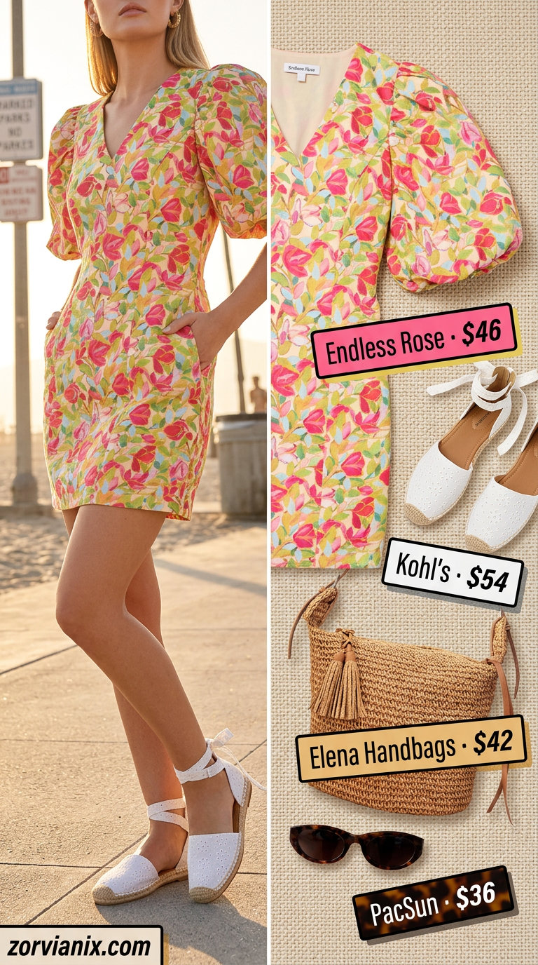 Vacation summer v-neck outfits women 2026: Multicolor floral mini dress with espadrilles and straw bag.