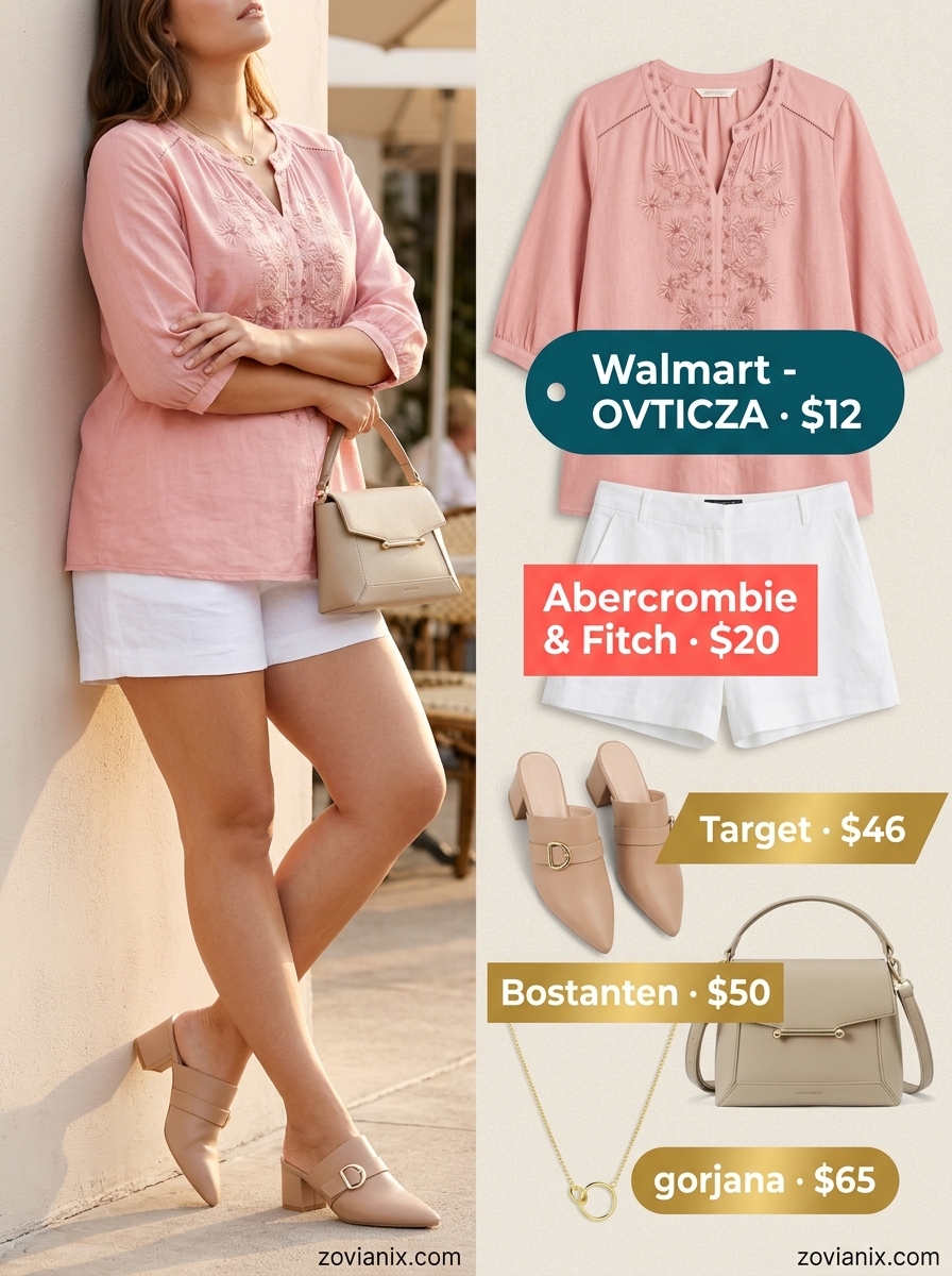 Chic summer v-neck outfits women 2026: Blush peasant blouse with white shorts for weekend brunch.